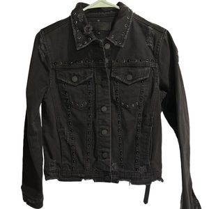 Blank NYC distressed, studded, black denim jacket.